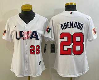 Womens USA Baseball #28 Nolan Arenado Number 2023 White World Classic Replica Stitched Jersey->2023 world baseball classic->MLB Jersey